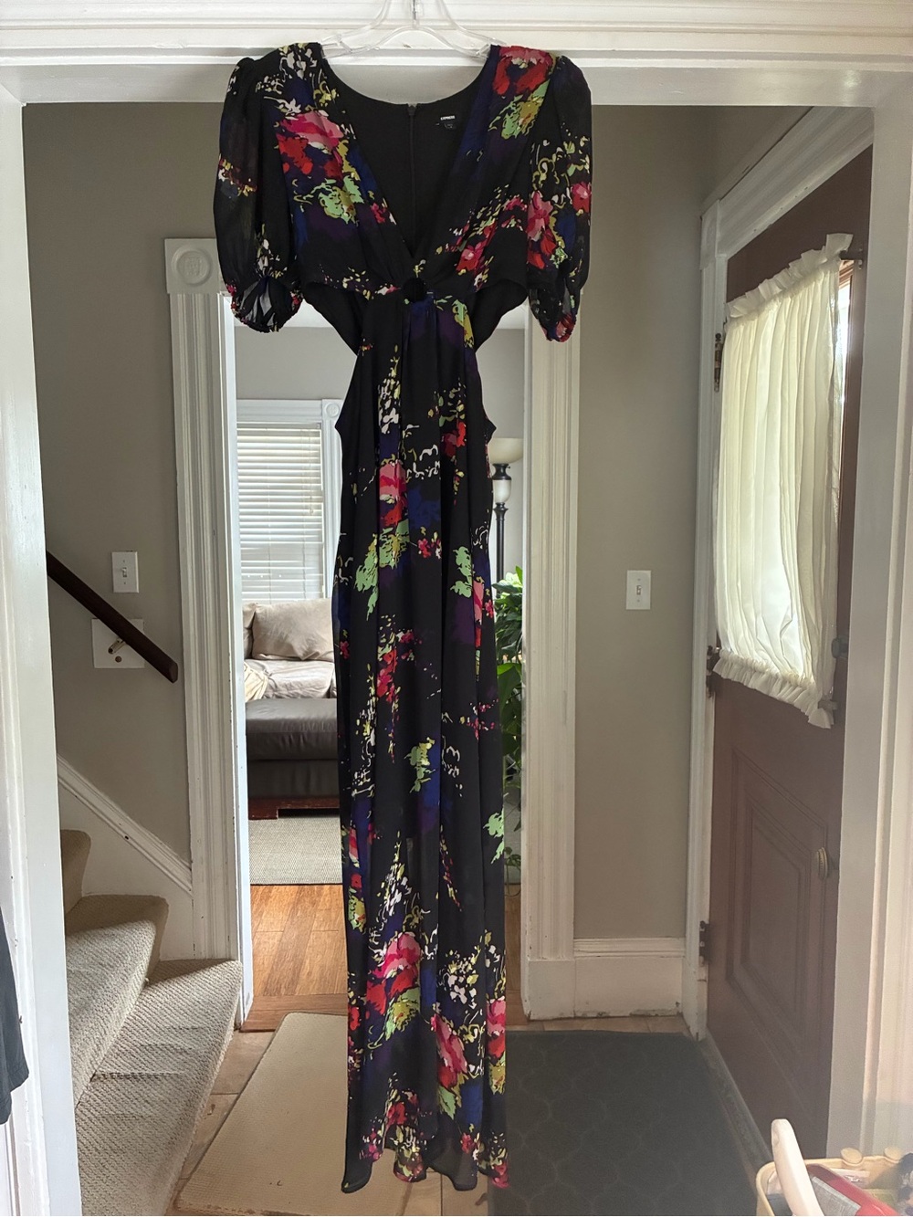 Express Black Floral Maxi Dress with side cut outs and Puff Sleeves